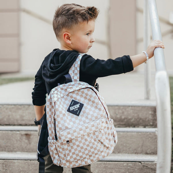 **Pre-order** Mid-Size Tan Checkered Backpack estimated arrival end of May early June read all details prior to purchasing