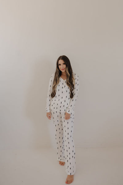 Women's Bamboo Pajama | White & Black Lightning Bolt