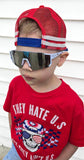 Kid’s white rimless sports sunnies with red & blue speckles (ages 2-9)